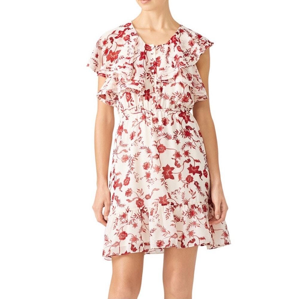 Rebecca Minkoff Claudia Chiffon Floral Dress Medium Cream Red Ruffled coquette